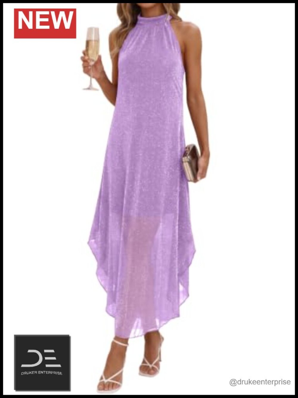 Sparkly Halter Maxi Dress Sleeveless A-Line High Low Formal Cocktail Wedding